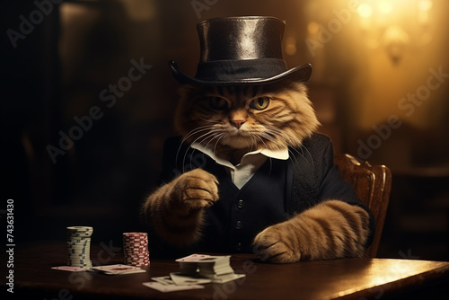 A cat in a suit and hat plays poker in the room.