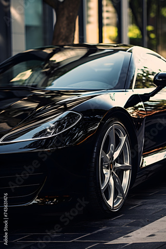 Luxurious Black Glossy Car basking in the Sunlight on Clean City Street © Michael