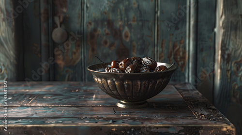 dates in a bowl on a wooden table. ramadan kareem holiday celebration concept photo