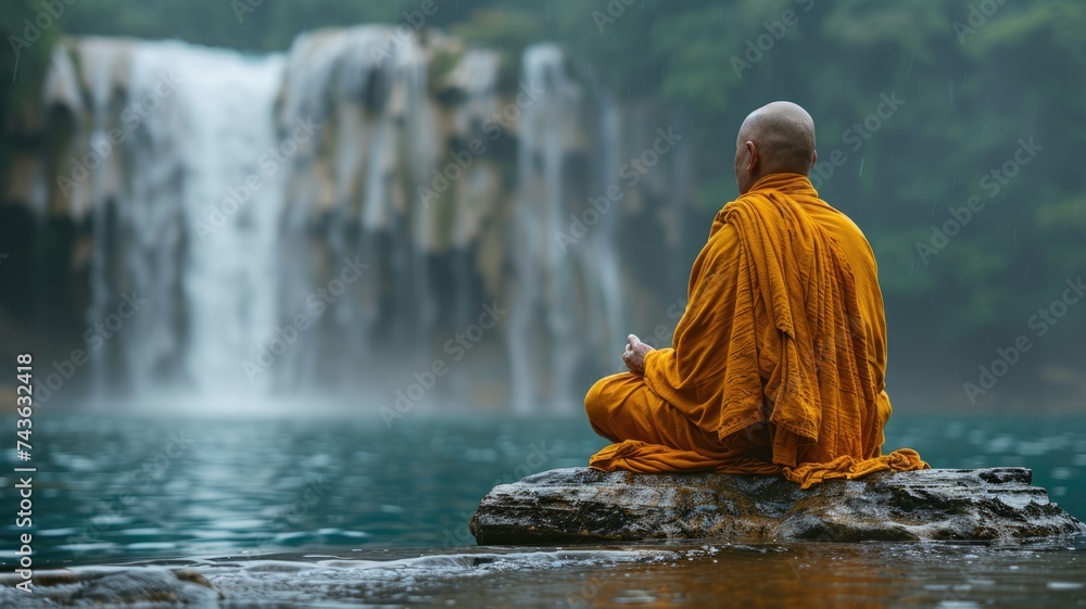 A Zen monk sits in serene meditation on a mountain