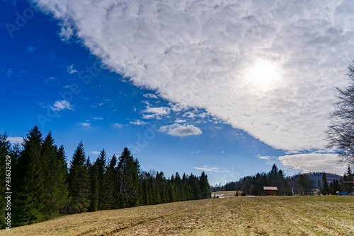 Fototapeta Naklejka Na Ścianę i Meble -  Scenic Landscape on Ski top station in Wierchomla village in sunny spring day. Beskid Sadecki mountains, Poland.