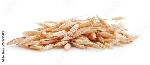 A collection of oat spike grains is neatly piled against a white background, showcasing the nutritious and natural texture of the oats.