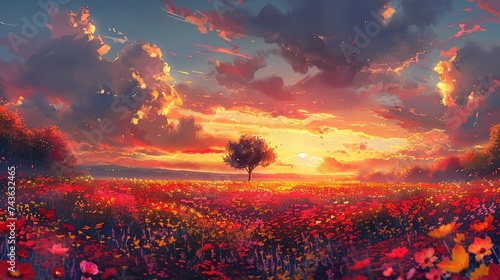 Sunset is in the flower field