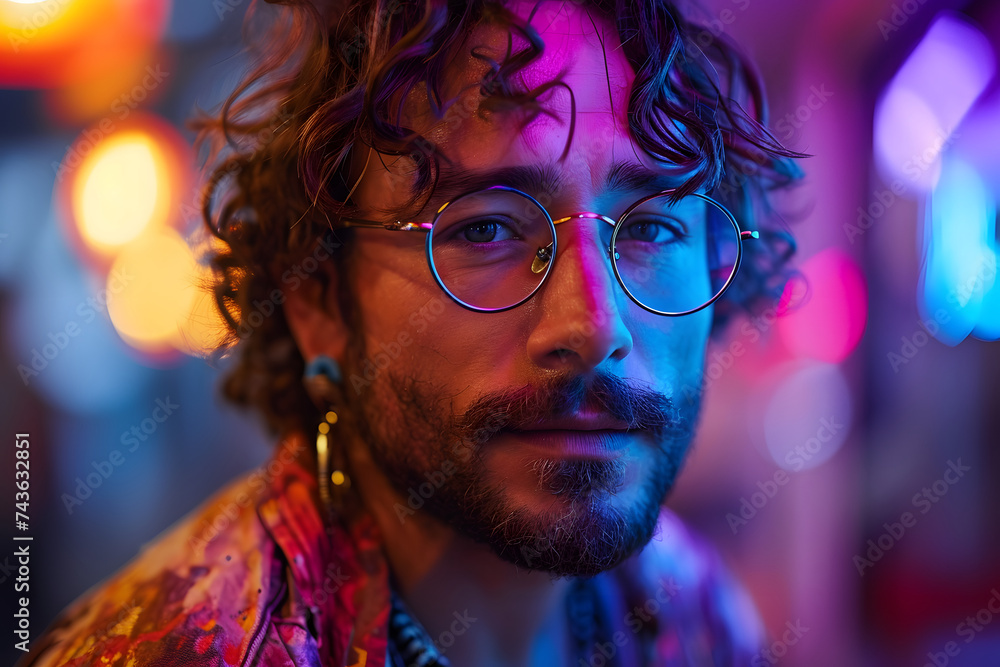 Portrait of a Young Man with Wavy Curly Hair and Wearing Glasses Portrait of a Young Man with Wavy Curly Hair and Wearing Glasses