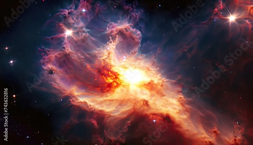 A swirling  fiery nebula of stars and clouds  illuminated by a distant sun