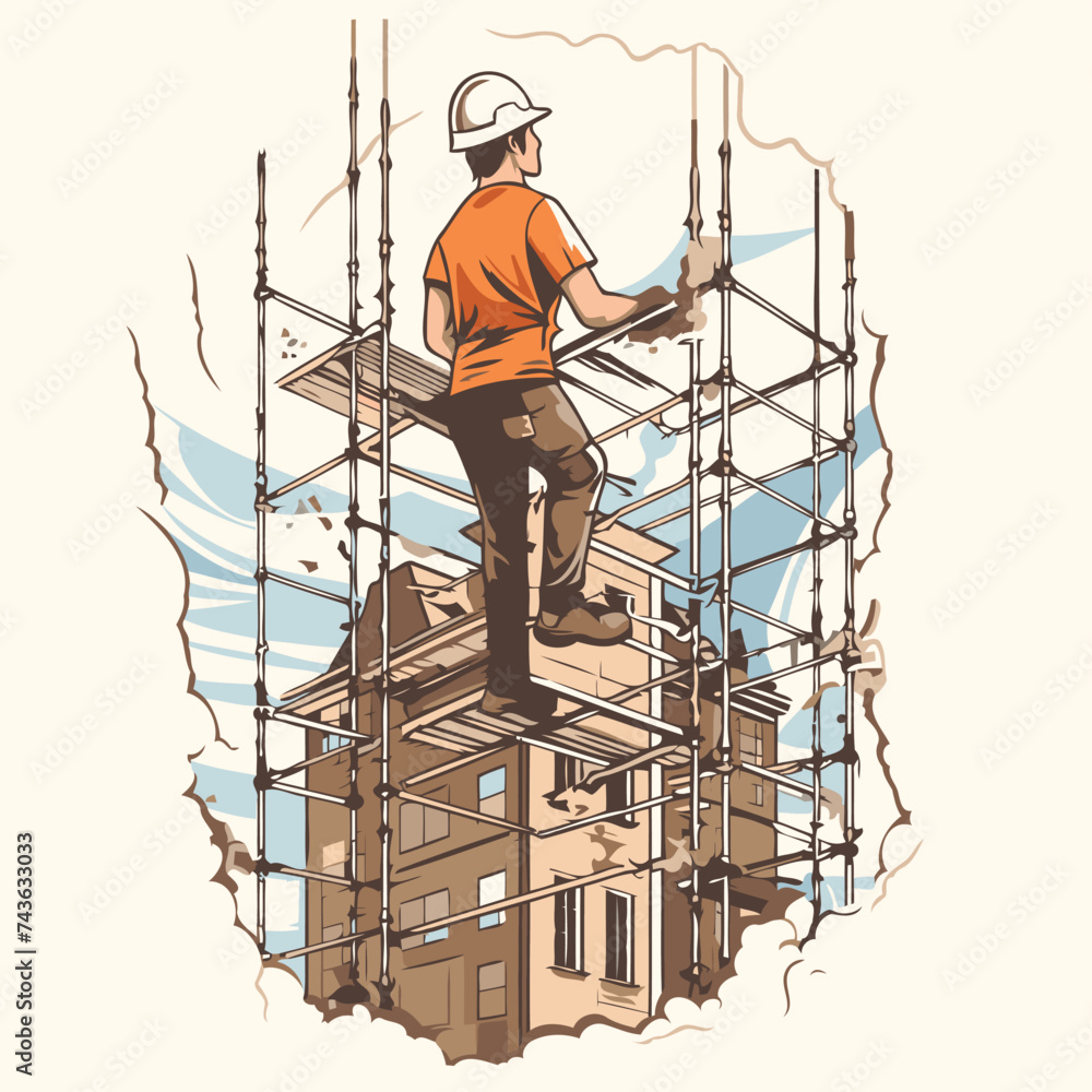 Construction worker on the scaffold. Vector illustration in retro style.
