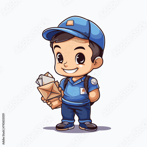 Vector illustration of a cute cartoon delivery boy in blue uniform holding a parcel.