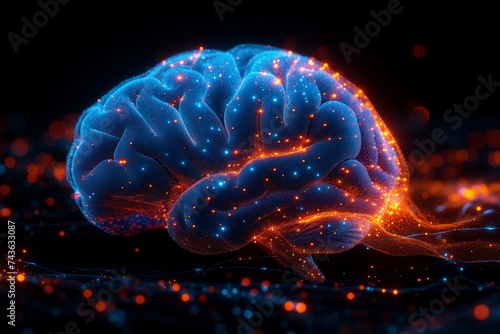 Futuristic glowing neon brain, isolated on dark black background. Science medical illustration. Neurology research, artificial intelligence concept. 3D illustration.