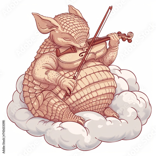 An armadillo playing violin on a cloud. Funny animal stickers, symbols, prints, elements, etc. Design in vector.