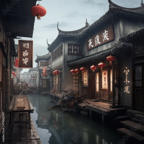 Cityscape featuring Chinese architecture along a waterway with a bridge