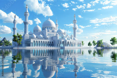 3d white mosque with water reflection and blue sky. ramadan kareem holiday celebration concept photo