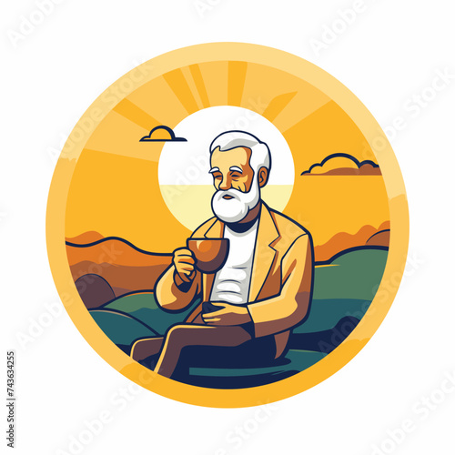 Elderly man drinking coffee in the nature. Vector illustration.