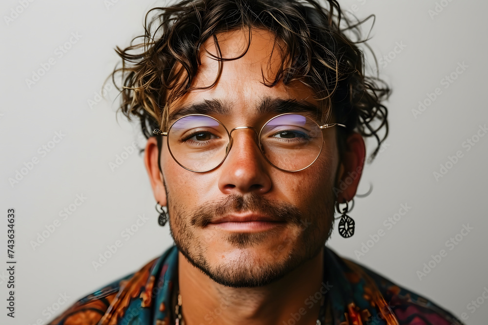 Portrait of a Flamboyant Young Man with Curly Hair and Glasses Portrait of a Flamboyant Young Man with Curly Hair and Glasses