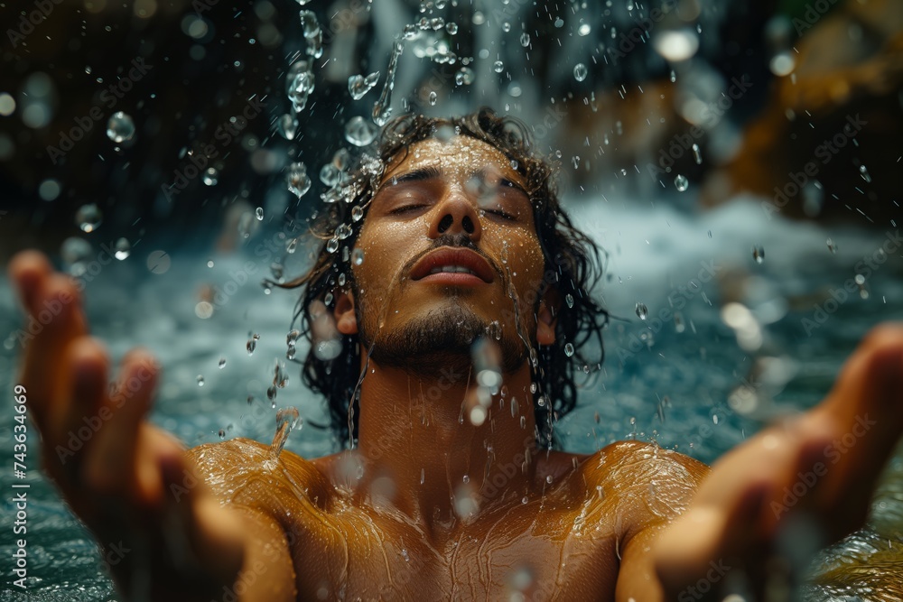 Obraz premium Portrait of young sexy happy man under the splashing falling water shower waterfall. Relaxation under waterfall.