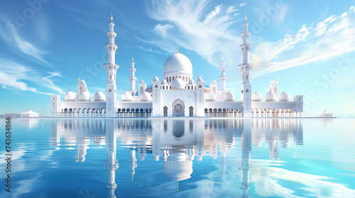 3d white mosque with water reflection and blue sky. ramadan kareem holiday celebration concept