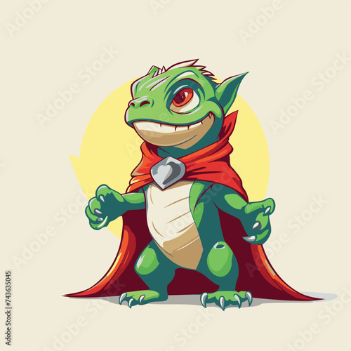 Vector illustration of a green dragon superhero in a red cloak and a red scarf
