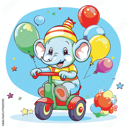 Cute cartoon elephant riding a toy car with balloons. Vector illustration.