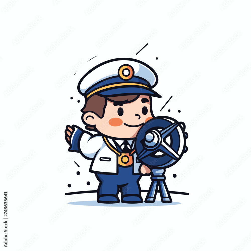 Cute Sailor boy with telescope and steering wheel cartoon vector illustration.