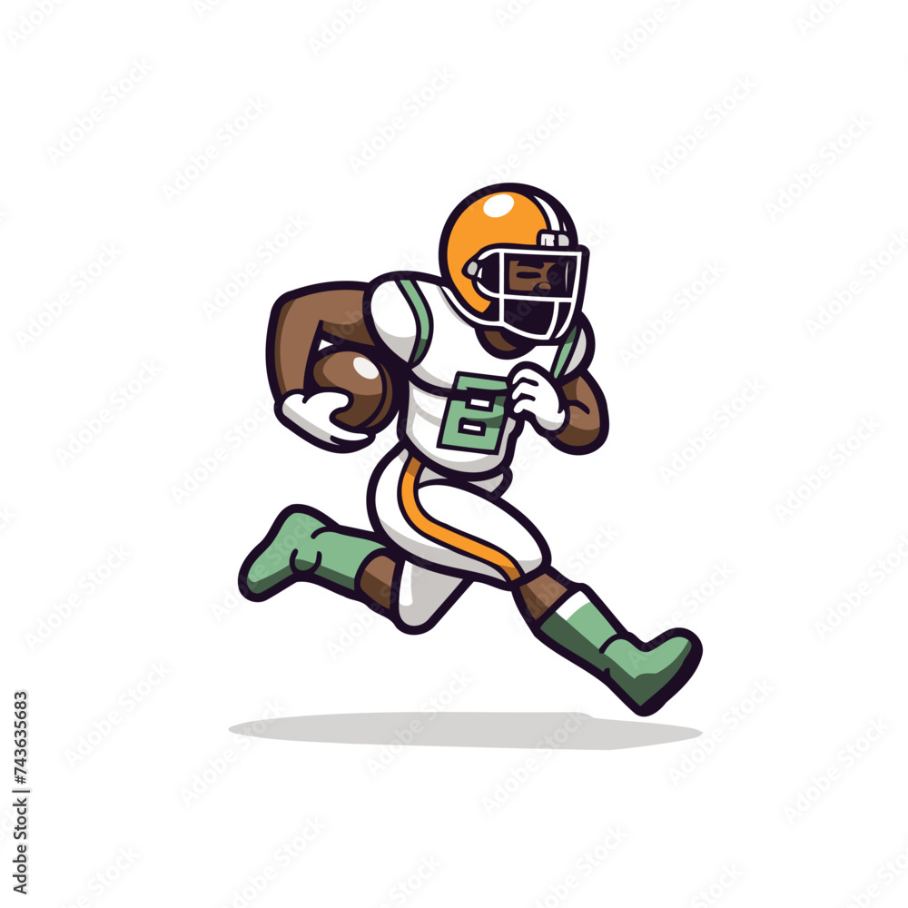 American Football Player Running with Ball and Bag Cartoon Mascot Character