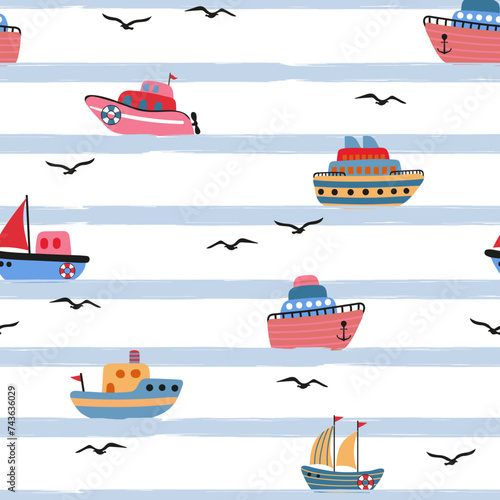 Cute marine pattern with cartoon boats. Seamless vector sea print with cute ships and seagulls