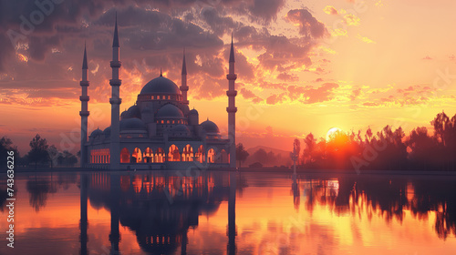 mosque at the sunset with water reflection. ramadan kareem holiday celebration concept photo