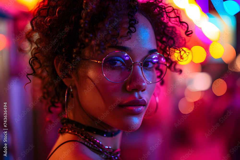 Portrait of Curly Haired Woman Wearing Glasses with Colorful Glossy Light Effect Portrait of Curly Haired Woman Wearing Glasses with Colorful Glossy Light Effect