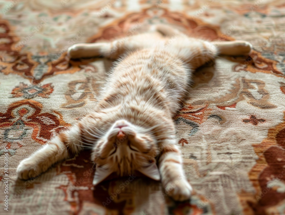 A lazy cute cat stretched out on a carpet