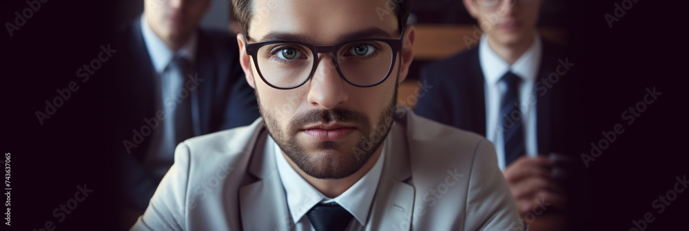 Close-up of a banker, manager, lawyer in a suit and tie against the background of bank employees working at the table - obrazy, fototapety, plakaty 