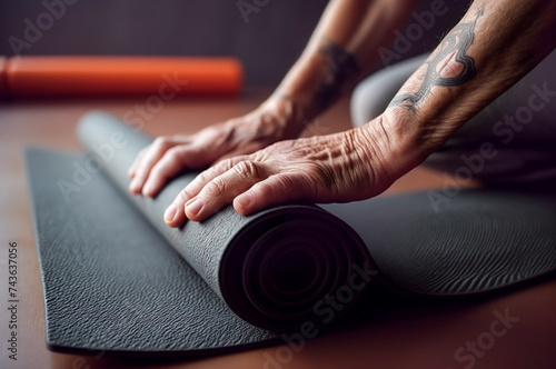 Close-up of an elderly woman's hands on a yoga or fitness mat. Concept of sports in old age, physiotherapy