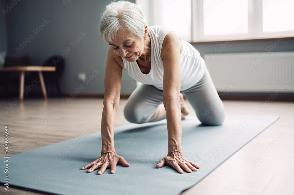 An elderly woman performs yoga asanas or sports exercises for her legs and arms at home on a sports mat. Concept of sports in old age, physiotherapy, rehabilitation. Home workouts.