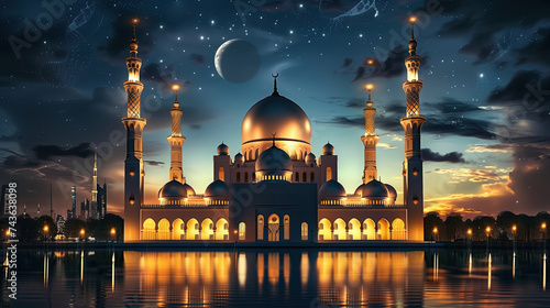 beautiful islamic mosque at night with lights. ramadan kareem holiday celebration background concept