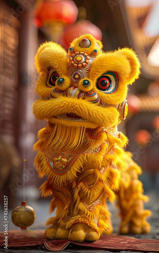 Lion dance isolated on highly detailed textured background . © hugo