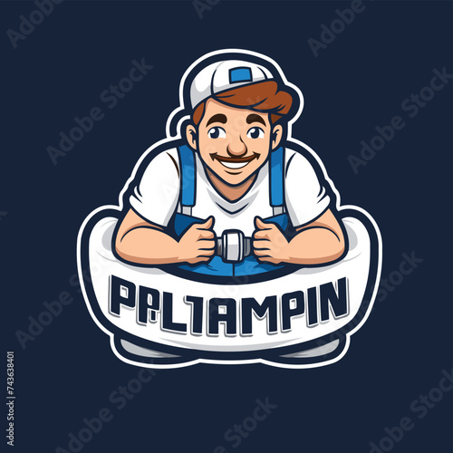 Plumber mascot logo design. Vector illustration on dark blue background.
