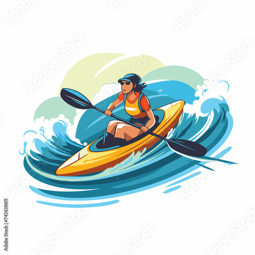Kayaking woman in a kayak on the waves. Vector illustration