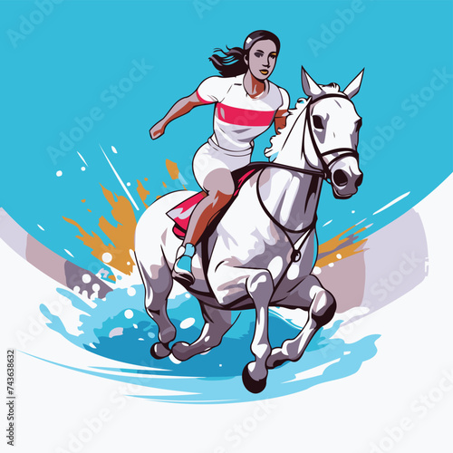 Jockey riding a white horse on a blue background. Vector illustration © Muhammad