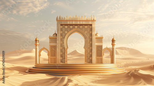 3d islamic display podium with mosque gate background in the sand dunes. islamic podium banner for product display, presentation, cosmetic, ramadan sales.