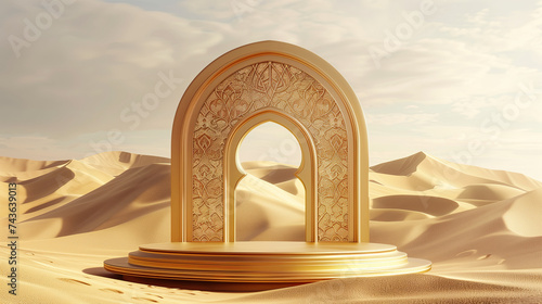 3d islamic display podium with mosque gate background in the sand dunes. islamic podium banner for product display, presentation, cosmetic, ramadan sales.