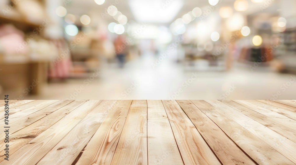 Empty beautiful wood table top counter and blur bokeh modern shop ...