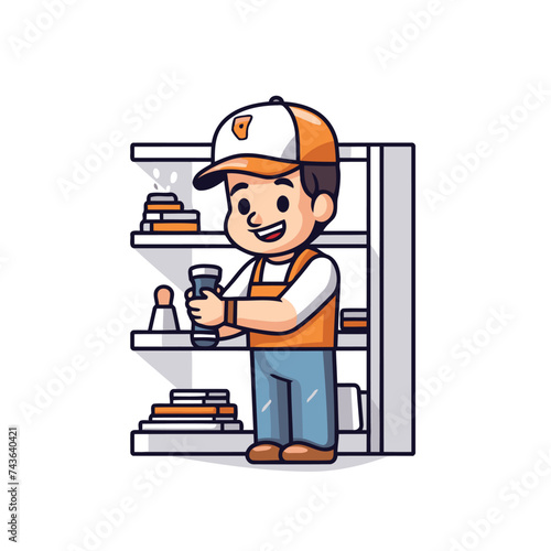 Worker in overalls and cap standing near bookshelf. cartoon vector illustration © Muhammad