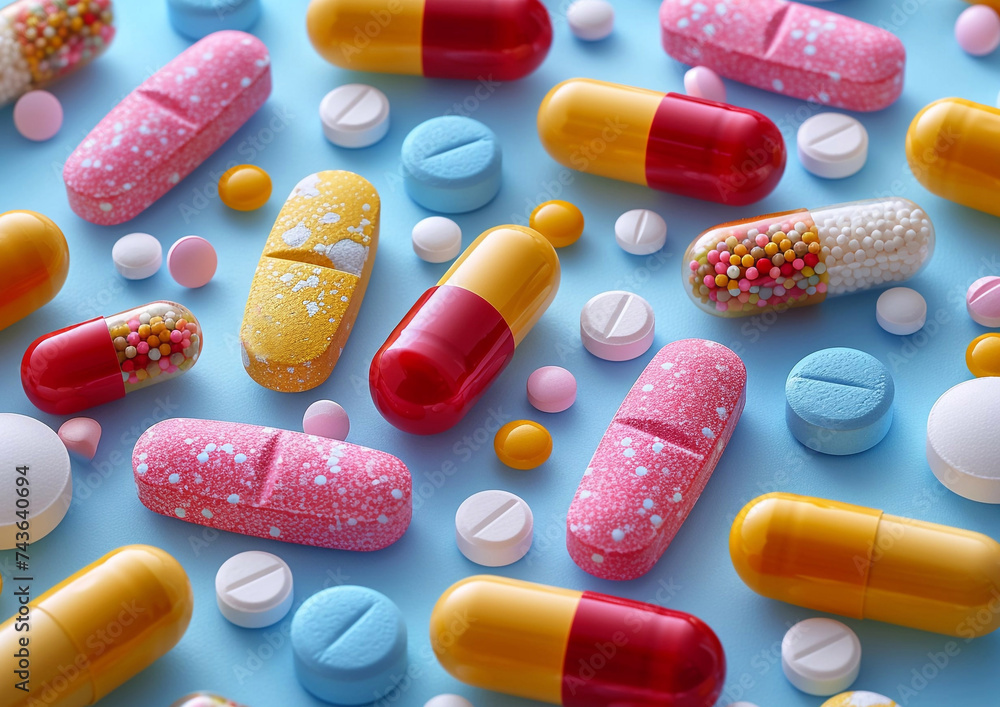 Various pills and capsules with antibiotics and painkillers on blue background.Top view.AI Generative. Various pills and capsules with antibiotics and painkillers on blue background.Top view.AI Generative.
