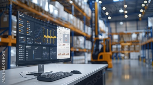 An advanced logistic software interface on a monitor with an operational AGV in the background, underscoring warehouse management innovation. photo