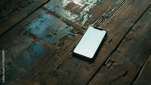Isolated smartphone device on the wooden table at home with blank empty white screen, communication technology concept