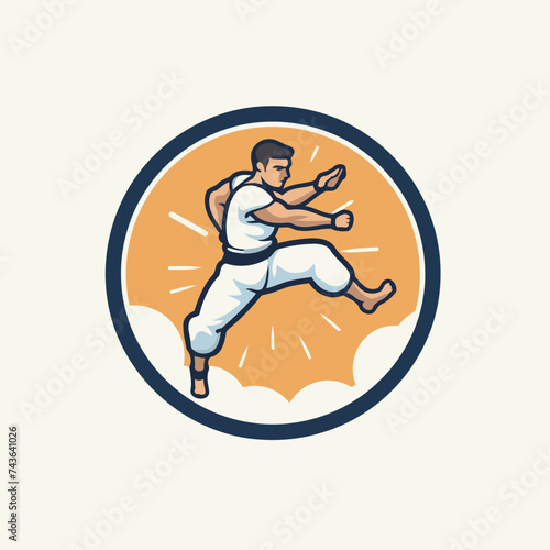 Illustration of a judo fighter jumping viewed from front set inside circle done in retro style.