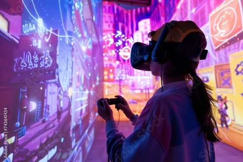Person using virtual reality equipment with interactive interface