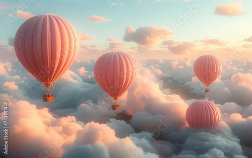 Hot air balloon above high clouds at sunset.