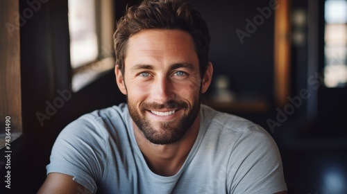 Close-up of a happy smiling athletic middle-aged man with blue eyes, spending time at home and looking at the camera. Weekends, Healthy Lifestyle, Selfie concepts.