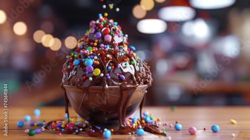 Chocolate Ice Cream Sundae with Rainbow Sprinkles and Chocolate Syrup