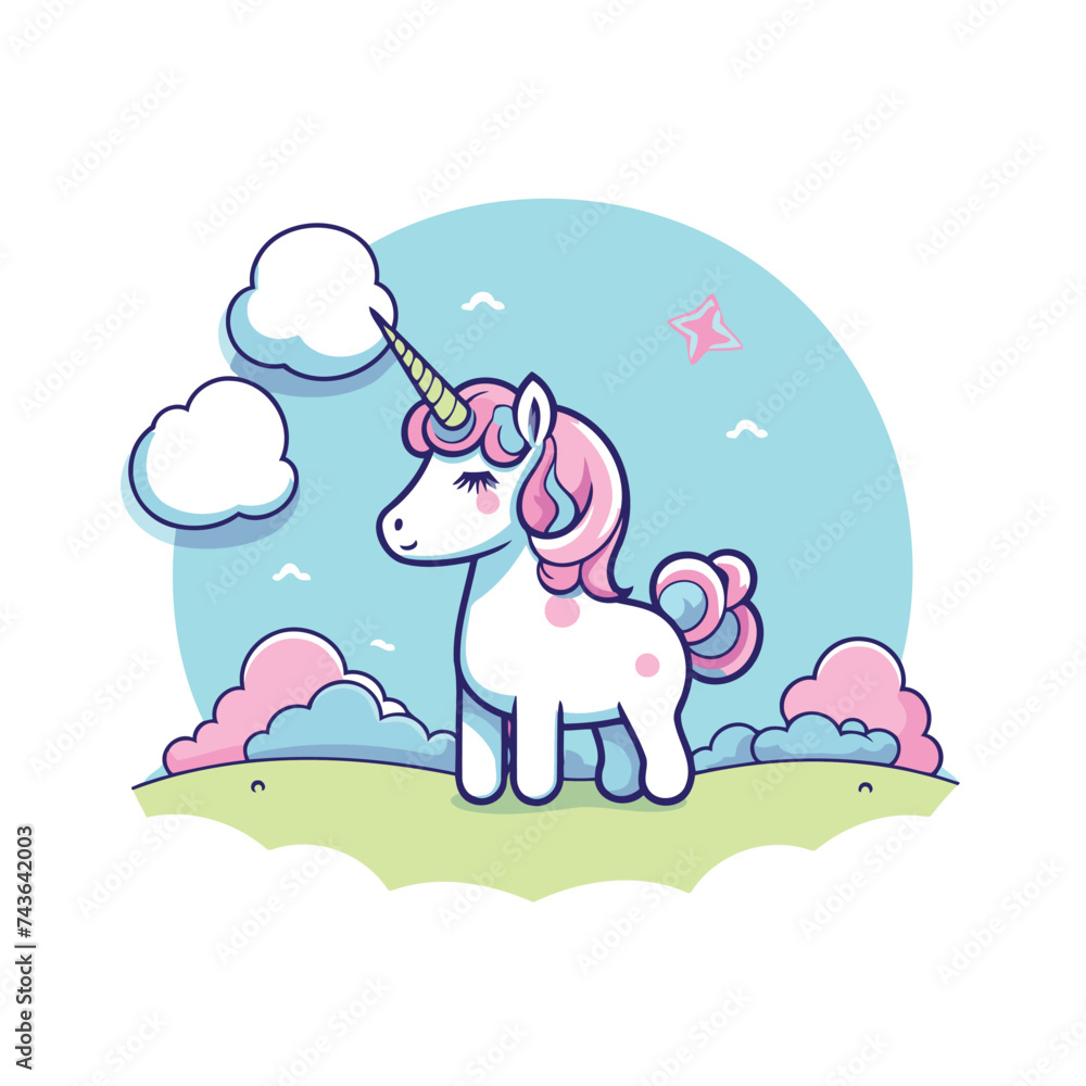 Cute cartoon unicorn on the meadow with clouds. Vector illustration.