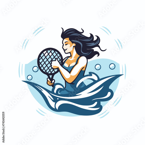 Tennis player with racket and ball. Vector illustration in retro style