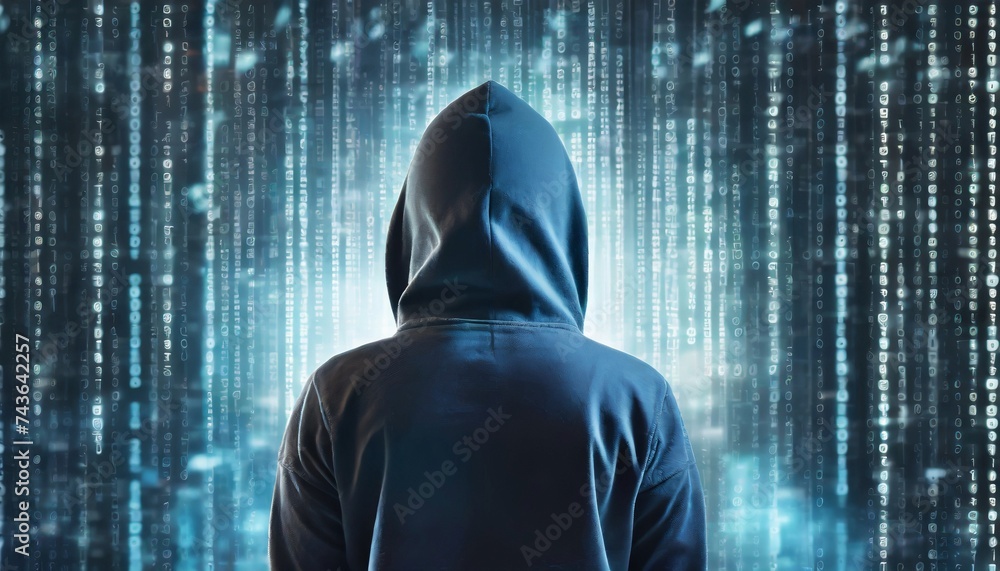 Computer hacker in hoodie, abstract binary background. Dark net. Back view. Data thief. Computer hacker in hoodie, abstract binary background. Dark net. Back view. Data thief.